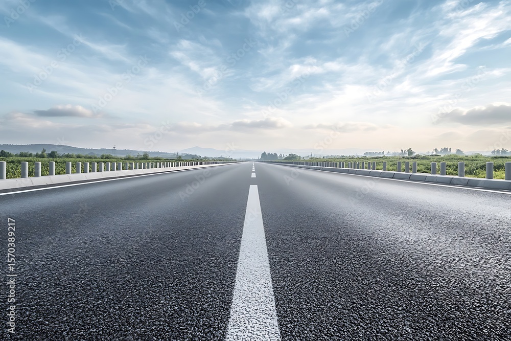 Fototapeta premium An asphalt road with a solid white line stretches into the distant horizon
