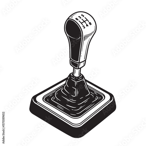 Vintage black and white illustration of a manual transmission gear shift knob
