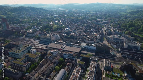 Aerial view around the old town of the city Winterthur in switzerland on a sunny morning