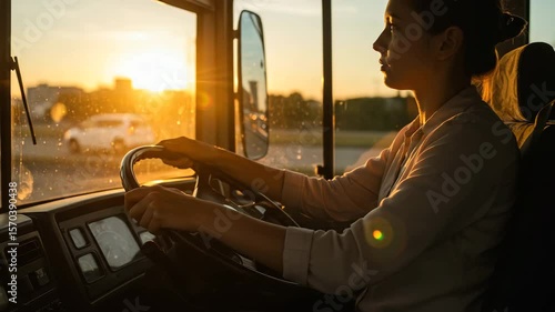 Female public bus driver focused on the road during sunset commute