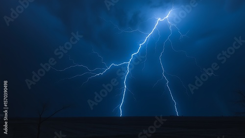 A dramatic lightning strike illuminates the dark stormy sky with electric blue brilliance.