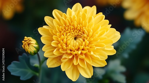 Bright yellow chrysanthemum flower and a bud with green leaves against dark background
