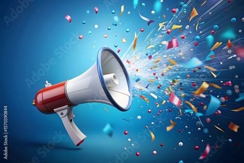 Megaphone unleashes a burst of colorful confetti and celebration sparks on a blue background
