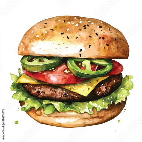 Watercolor Burger with Sesame Seed Bun Jalapenos and Fresh Ingredients