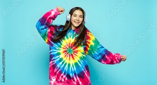 Cheerful Girl with Headphones Wearing Colorful Tie-dye Hoodie Dancing on Blue Background