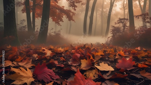 Fototapeta Naklejka Na Ścianę i Meble -  Fall wallpaper with dry leaves on ground, misty forest background, warm autumn colors, no humans