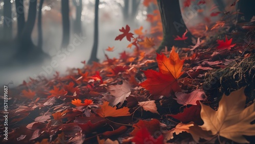 Fototapeta Naklejka Na Ścianę i Meble -  Fall wallpaper with dry leaves on ground, misty forest background, warm autumn colors, no humans