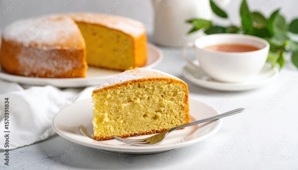 Slice Of Simple Golden Cake With Tea Slice Of Simple Golden Cake With Tea