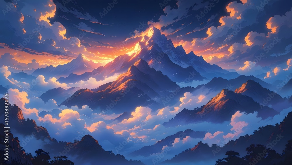Naklejka premium Anime-inspired mountain scenery with mist and dramatic lighting, suitable for wallpaper, no humans