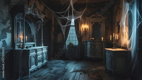Inside haunted house wallpaper with vintage furniture, spider webs, flickering candles, no figures
