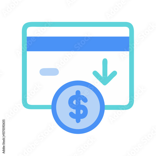 Turquoise debit card with coin and down arrow symbol