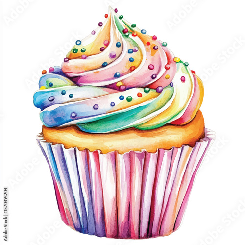 Vibrant Watercolor Rainbow Cupcake with Sprinkles