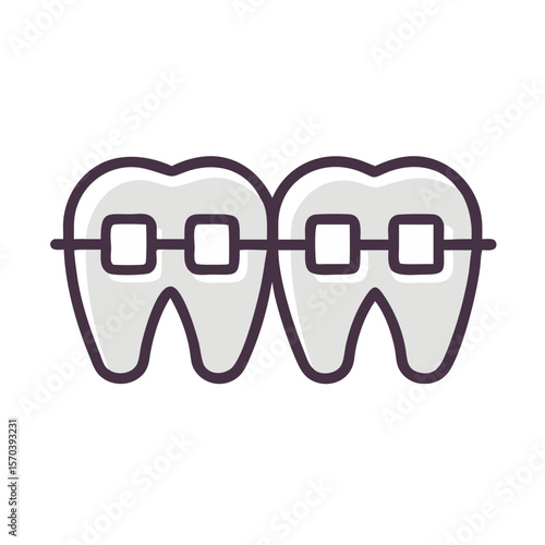 Two teeth with braces, dental health and orthodontics