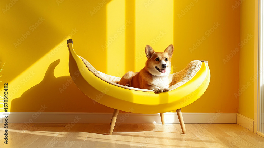 Obraz premium Cute corgi dog lounging in banana-shaped chair against bright yellow wall and floor