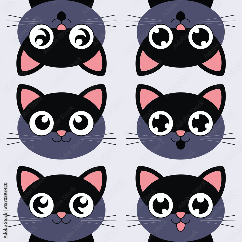 Fototapeta premium Stylized black cats with big eyes cute adorable