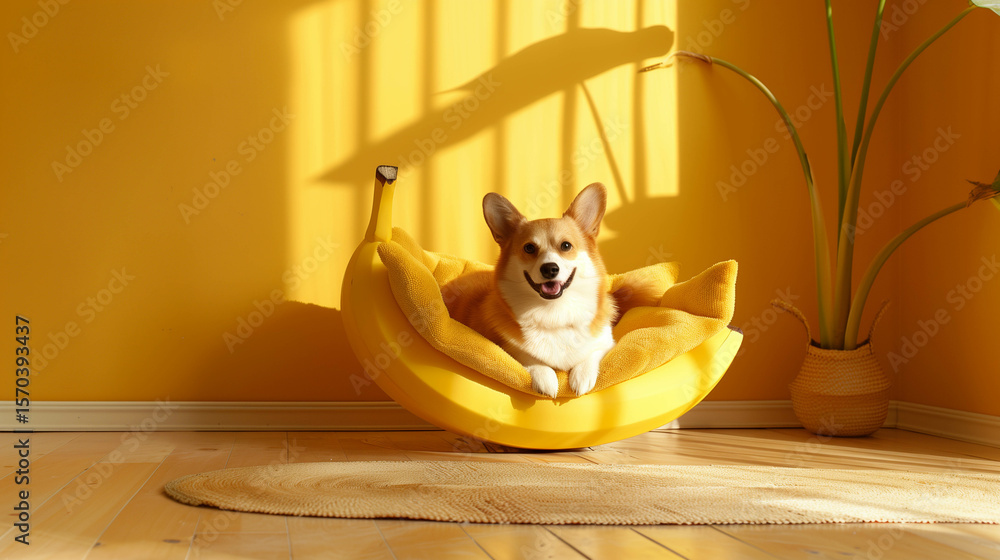 Fototapeta premium Cute corgi dog lounging in banana-shaped chair against bright yellow wall and floor