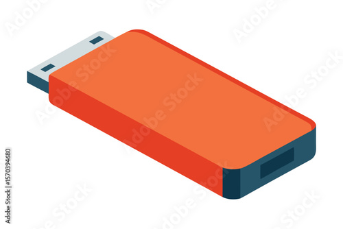 Orange usb flash drive with blue accents in isometric view