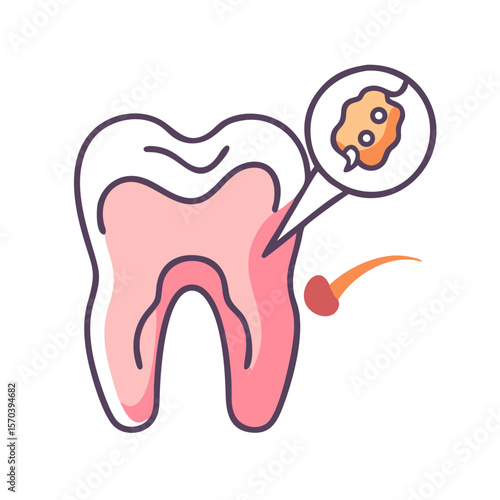 Cartoon tooth image with highlighted cavity on a White Background