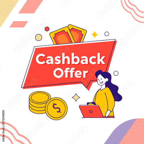 Happy woman using laptop receives cashback offer with coins and money symbols representing financial rewards and online shopping benefits