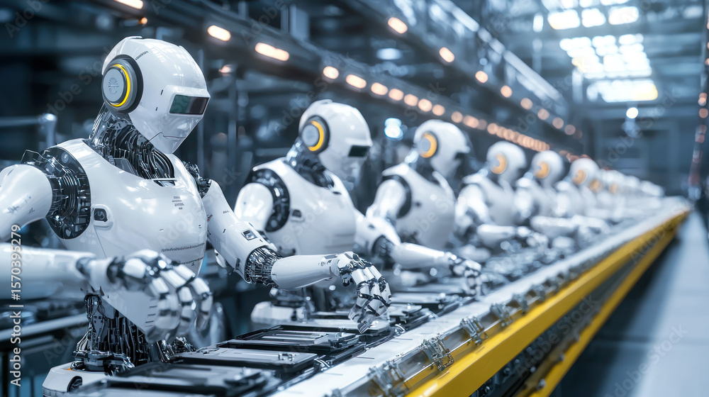 Fototapeta premium AI-powered robots working in a futuristic factory assembly line.