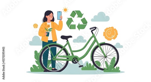 Eco-Friendly Lifestyle: Woman with Plant and Green Bicycle