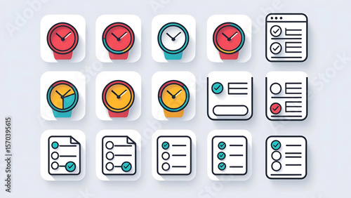 Collection of colorful time management app icons for digital use, Featuring various business planning, productivity, and deadline tracking graphics