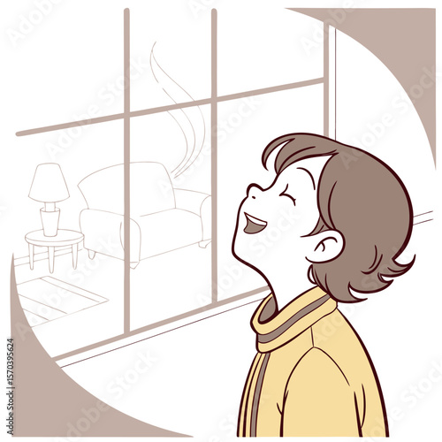 A young child with eyes closed and a joyful expression inhales deeply appreciating a pleasant aroma wafting from a cozy living room