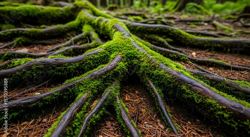 Moss-Covered Tree Roots Sprawling Across Forest Floor, Creating a Natural Tunnel
