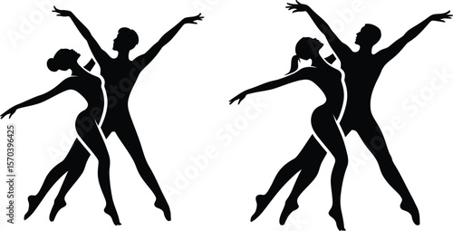 Two pairs of dancers in silhouette performing in a synchronized elegant pose