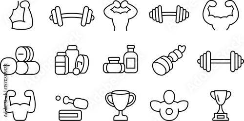 A collection of outline icons featuring fitness, supplements, and bodybuilding items