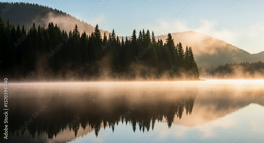 Fototapeta premium Misty Lake Reflection at Dawn with Silhouetted Evergreen Forest and Golden Haze
