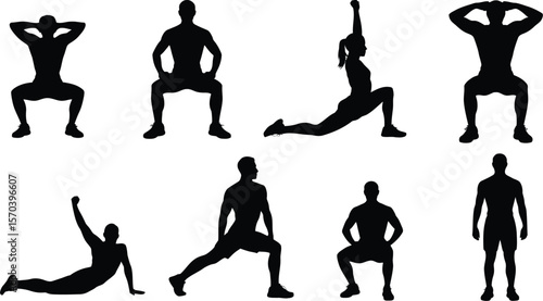 Silhouette illustration of people doing various stretching and squat exercises