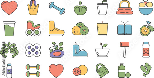 Collection of colorful icons representing health wellness and healthy lifestyle