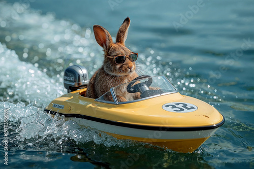 Charming rabbit in sunglasses racing a toy speedboat