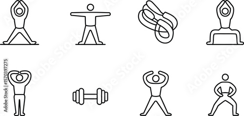 A collection of line art icons depicting various exercises and fitness equipment items