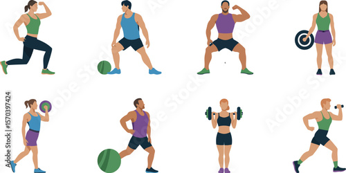 Illustrated people doing various exercises with weights and exercise balls on white