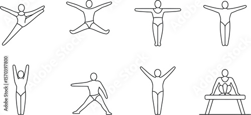 Line art illustration of gymnasts performing various poses on a white background
