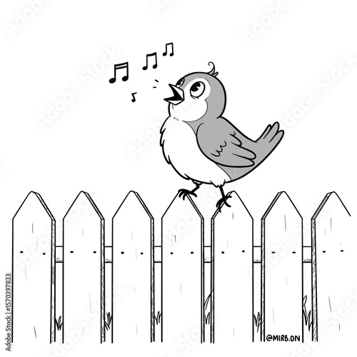 A cartoon bird with a round body and grey feathers sings joyfully on a wooden fence, with musical notes floating around in a simple, charming style.