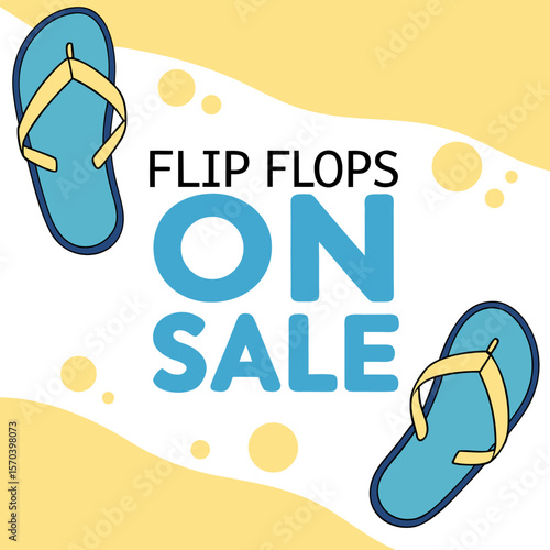 Bright and cheerful graphic design announcing a sale on blue and yellow flip flops with a playful wavy background and scattered circles