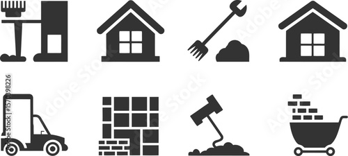 A set of construction icons featuring bricklaying, houses, and construction tools