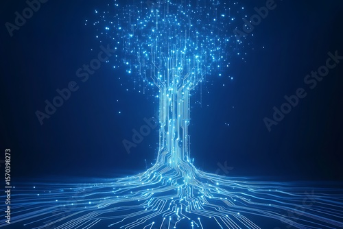Luminous digital tree with flowing blue circuits against a dark background representing technology
