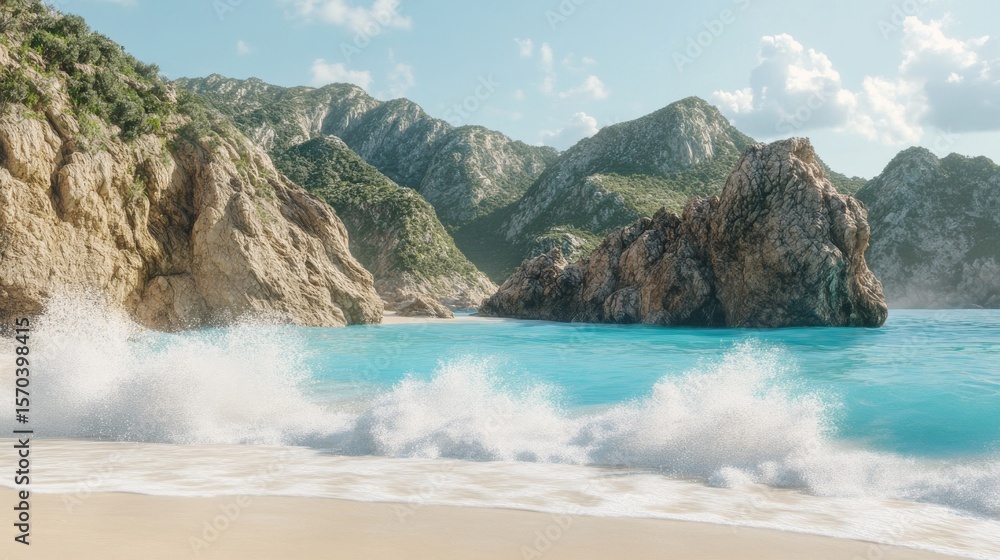 Fototapeta premium Turquoise waves crash on a secluded beach, nestled amongst towering cliffs.