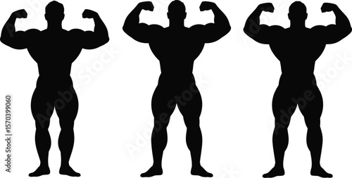 Three bodybuilder silhouettes flexing muscles in a row on a white background