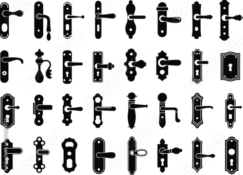 Antique door handle and keyhole vector set, black silhouette lock designs, retro vintage hardware, elegant decorative elements