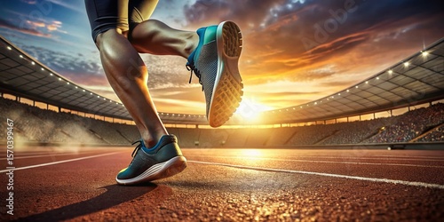 Sunset Runner's Foot Takeoff: Intense Training Start at Stadium Track