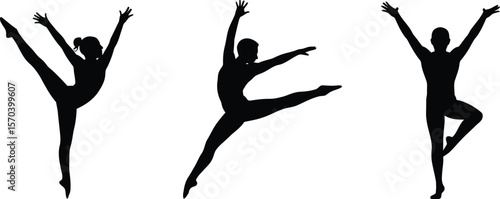 Silhouette of three dancers in various poses against a white background artful