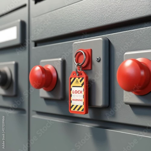 Industrial Emergency Switch with Safety Lock Warning Tag Essential Control for Safety in Critical Situations and Emergency Protocols