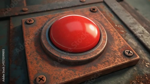 Urgent Safety Hand Over Large Red Button on Rusty Industrial Panel Symbolizing Emergency Switch and Caution in Critical Situations