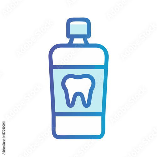 Blue mouthwash bottle with white tooth icon illustration