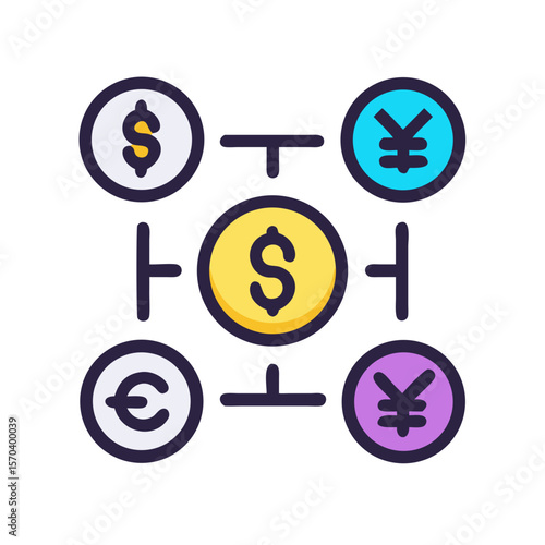 Global currency network featuring dollar euro and yen signs